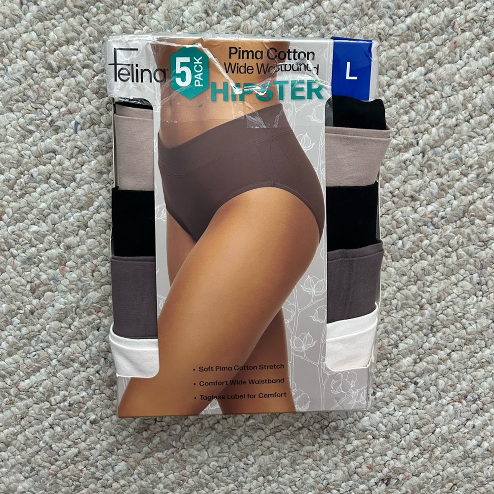 New Women Felina Pima Cotton Wide Waistband Hipster 5-Pack size L